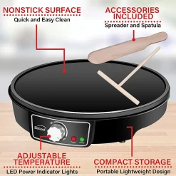 Brentwood® 1,000-Watt 12-In. Electric Nonstick Crepe Pancake Maker & Griddle with Spatula & Spreader, Black, TS-602BK