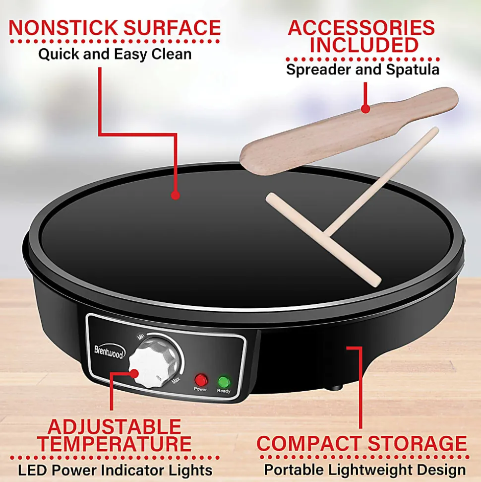 Brentwood® 1,000-Watt 12-In. Electric Nonstick Crepe Pancake Maker & Griddle with Spatula & Spreader, Black, TS-602BK
