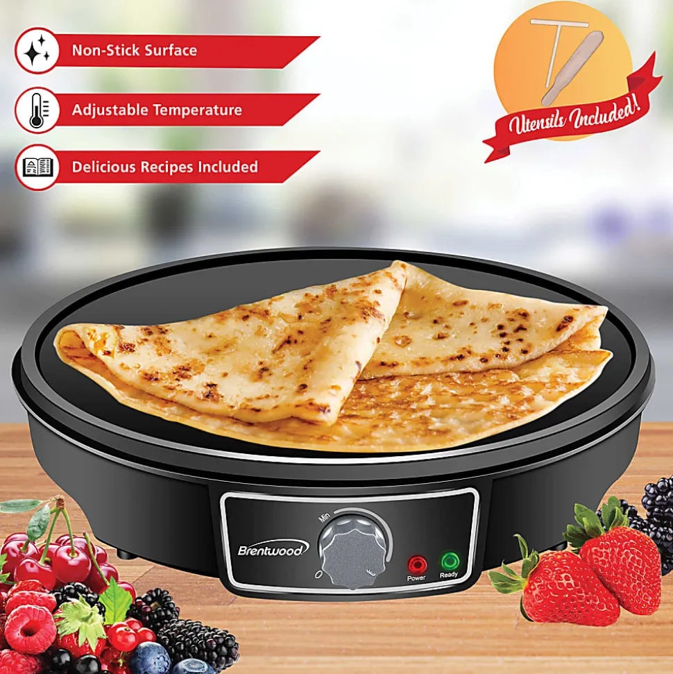 Brentwood® 1,000-Watt 12-In. Electric Nonstick Crepe Pancake Maker & Griddle with Spatula & Spreader, Black, TS-602BK