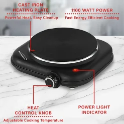Brentwood® 1,100-Watt Single-Cast-Iron Countertop Electric Burner Hot Plate with Temperature Control & Power Indicator Light, Black, TS-331BK