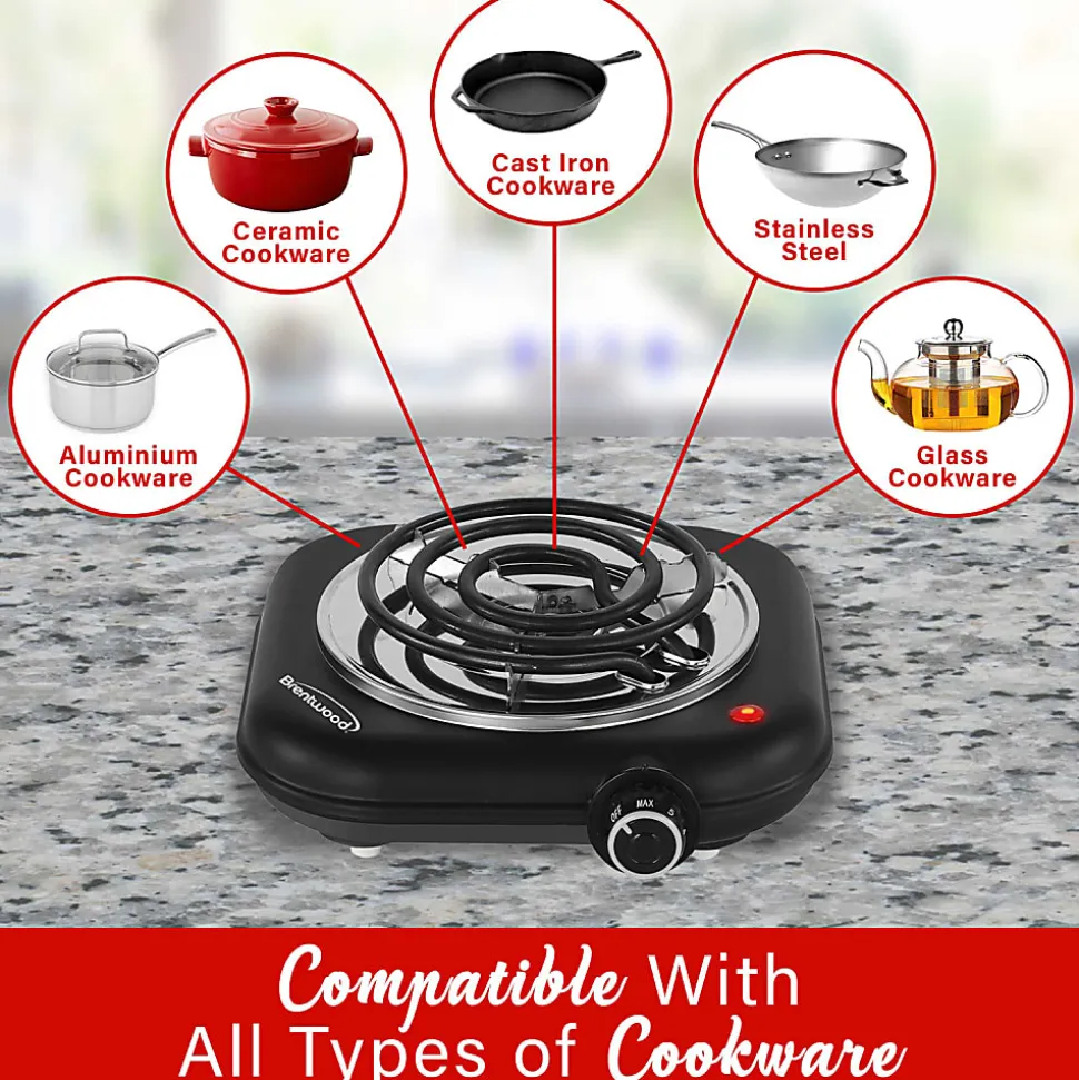Brentwood® 1,100-Watt Single-Coiled Countertop Electric Burner with Temperature Control & Power Indicator Light, Black, TS-323BK