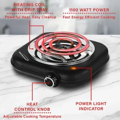 Brentwood® 1,100-Watt Single-Coiled Countertop Electric Burner with Temperature Control & Power Indicator Light, Black, TS-323BK