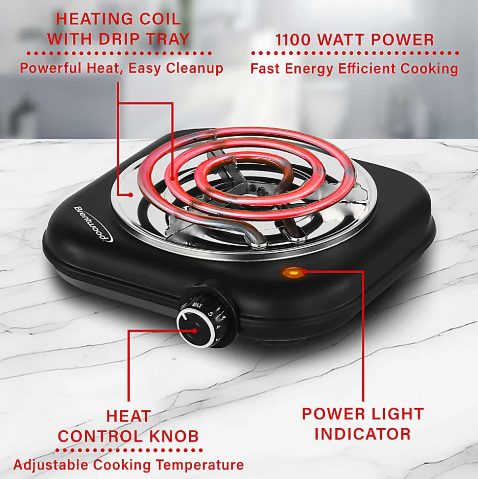 Brentwood® 1,100-Watt Single-Coiled Countertop Electric Burner with Temperature Control & Power Indicator Light, Black, TS-323BK