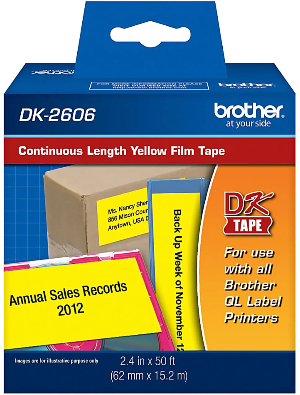 Brother DK-2606 Black-On-Yellow Tape, Continuous-Feed Film Roll, 2.5" x 50'