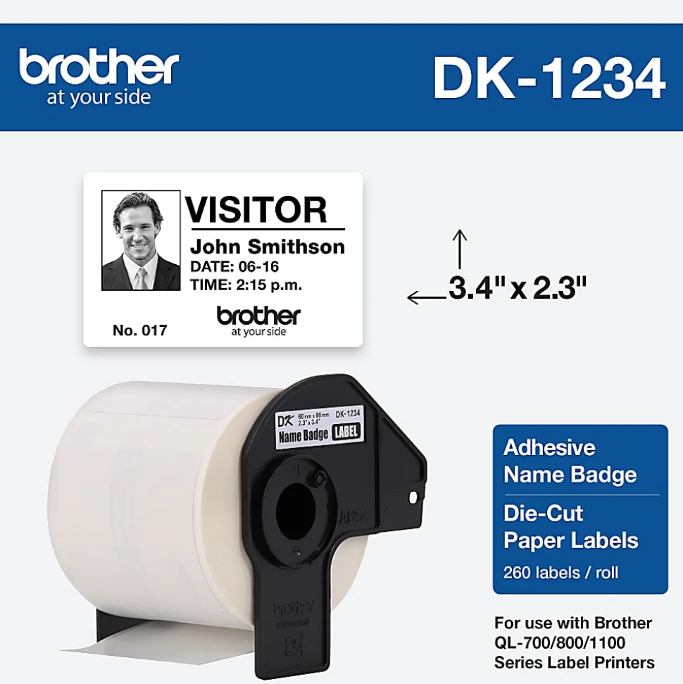 Brother DK1234 Name Badge Labels, Rectangular, 2 3/8" x 3 3/8", White, Pack Of 260