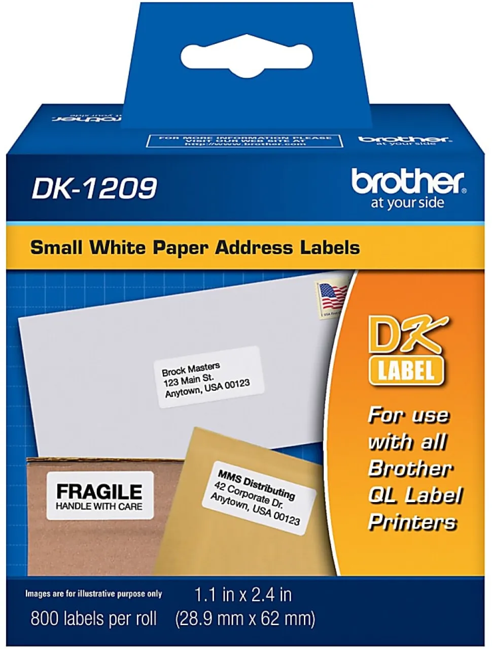Brother DK-1209 Small Address Labels, White, 2 1/2" x 1 1/2", Roll Of 800