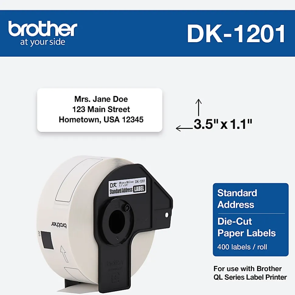 Brother DK-1201 Standard Address Labels, DK1201, 3 1/2" x 1 1/2", White, Pack Of 400