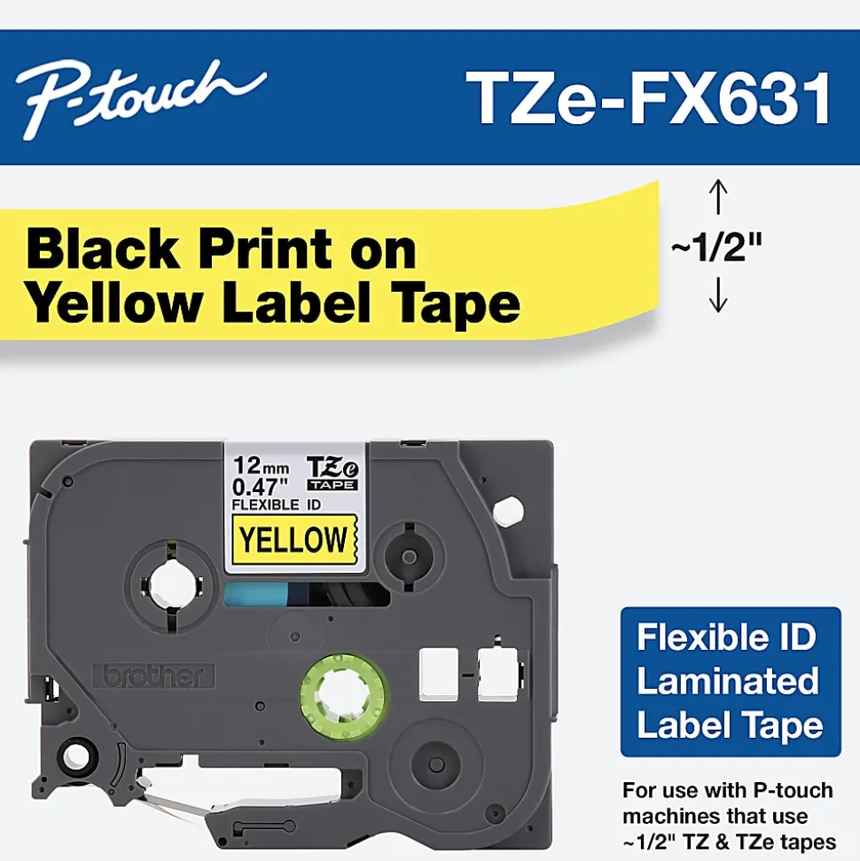 Brother® Extra-Strength Flexible Label Maker Tape, TZ-FX631, 1/2" x 26-1/4', Black/Yellow