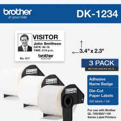 Brother Genuine DK-12343PK Die-Cut Name Badge Paper Labels, 2-5/16" x 3-7/16", White, 260 Labels Per Roll, Box Of 3 Rolls