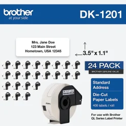 Brother Genuine DK-120124PK Die-Cut Standard Address Labels, 1-3/16" x 3-1/2", White, 400 Labels Per Roll, Box Of 24 Rolls