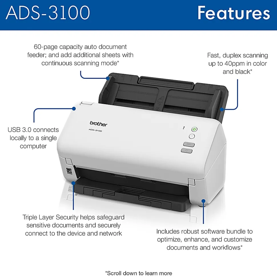 Brother High-Speed Desktop Scanner for Small Office & Home Office Professionals ADS-3100