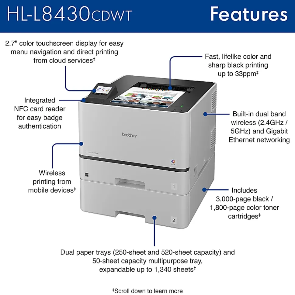 Brother HL-L8430CDWT Wireless Business Color Laser Printer with Dual Paper Trays, Low-Cost Printing
