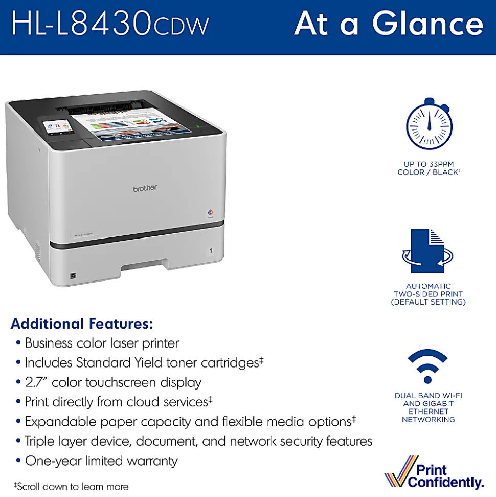 Brother HL-L8430CDW Wireless Business Color Laser Printer with Low-Cost Printing