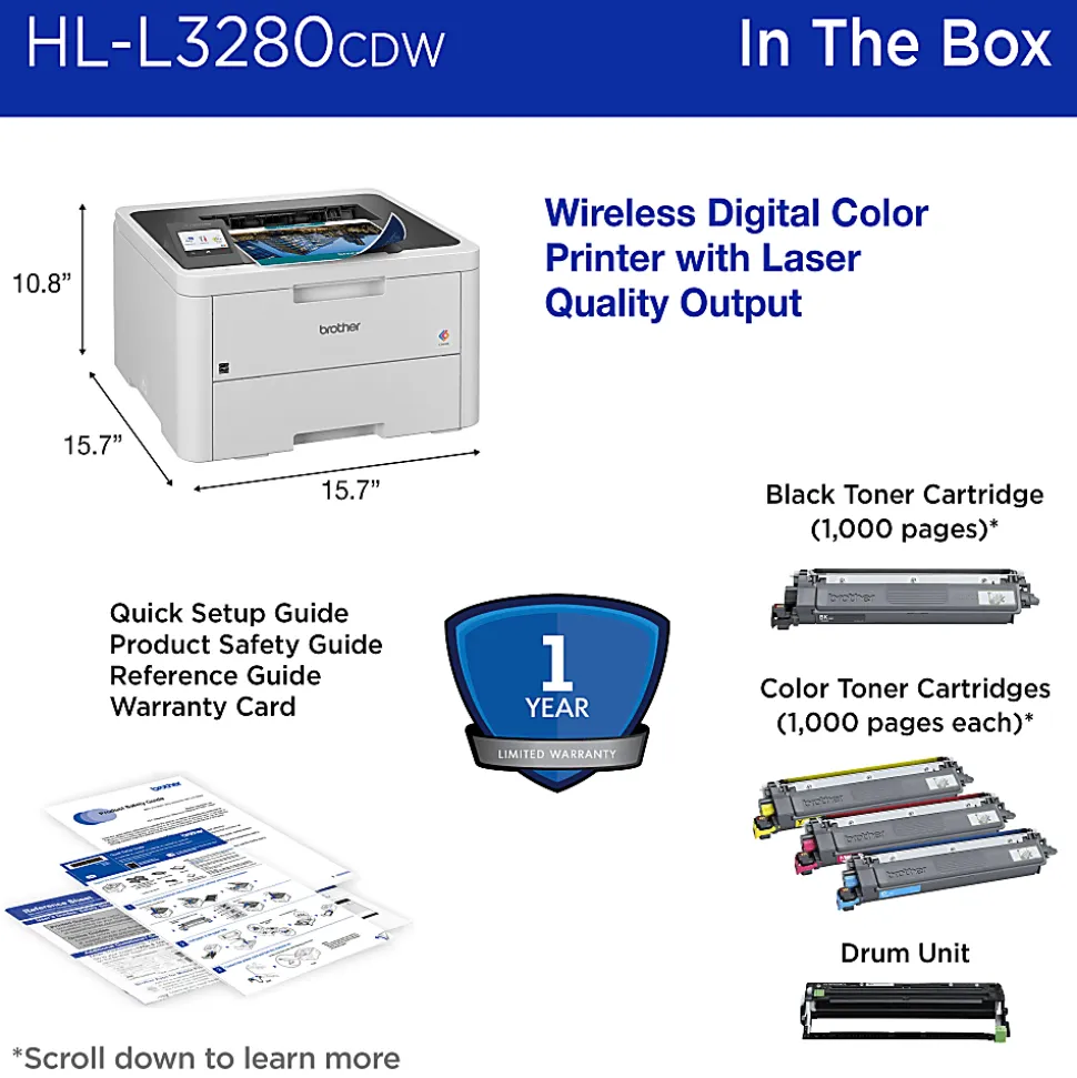Brother HL-L3280CDW Wireless Compact Digital Laser Color Printer With Refresh EZ Print Eligibility