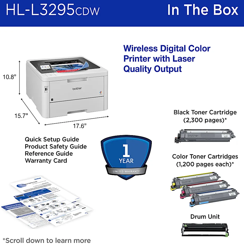 Brother HL-L3295CDW Wireless Compact Digital Color Printer with Laser Quality Output and Refresh EZ Print Eligibility