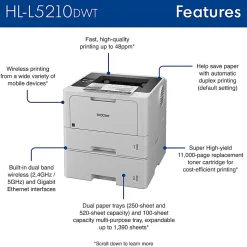 Brother HL-L5210DWT Business Wireless Laser Monochrome Printer With Dual Paper Trays And Duplex Printing