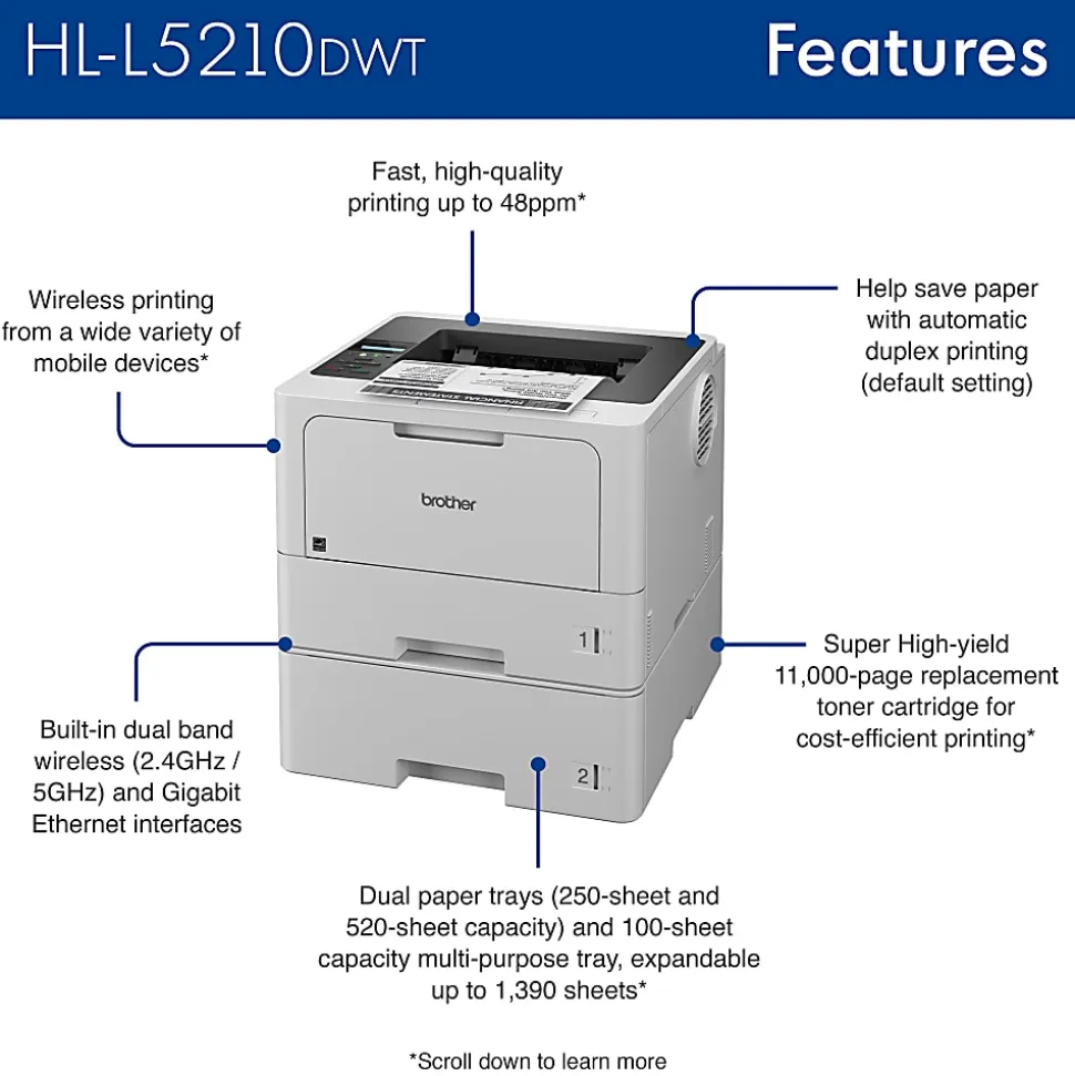 Brother HL-L5210DWT Business Wireless Laser Monochrome Printer With Dual Paper Trays And Duplex Printing