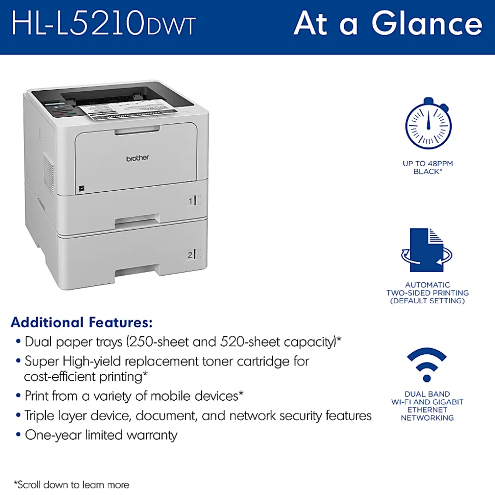 Brother HL-L5210DWT Business Wireless Laser Monochrome Printer With Dual Paper Trays And Duplex Printing