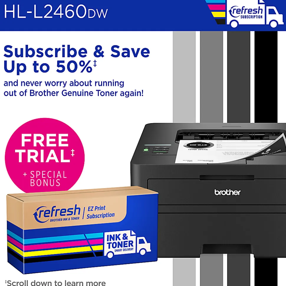Brother HL-L2460DW Wireless Compact Monochrome Laser Printer, Duplex and Mobile Printing, Refresh EZ Print Eligibility