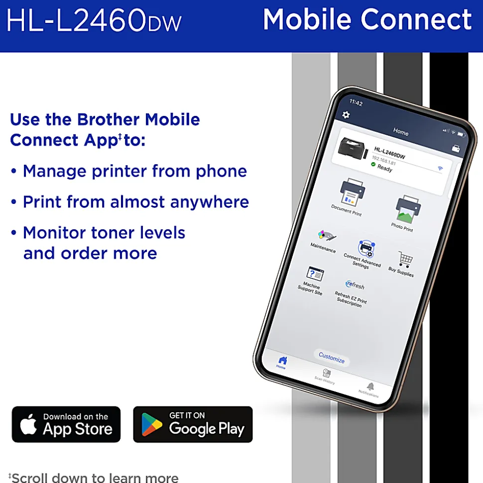 Brother HL-L2460DW Wireless Compact Monochrome Laser Printer, Duplex and Mobile Printing, Refresh EZ Print Eligibility