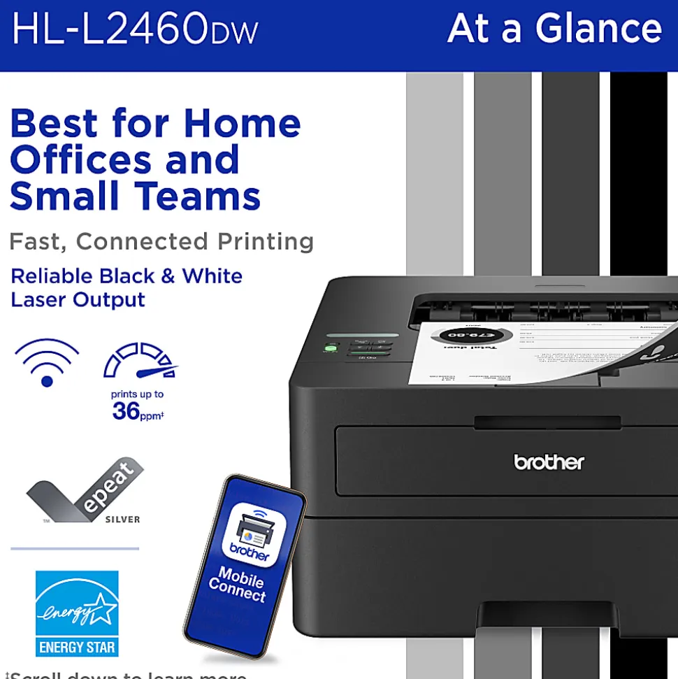 Brother HL-L2460DW Wireless Compact Monochrome Laser Printer, Duplex and Mobile Printing, Refresh EZ Print Eligibility