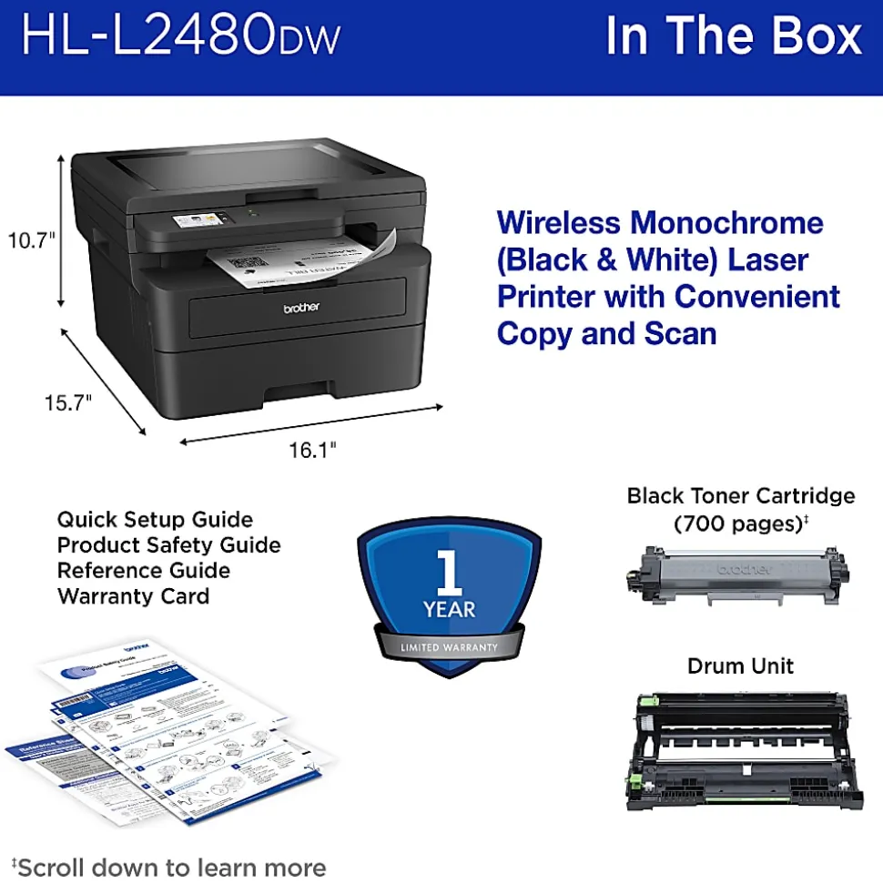 Brother HL-L2480DW Wireless Compact Monochrome Multi-Function Laser Printer, Copy & Scan, Refresh EZ Print Eligibility