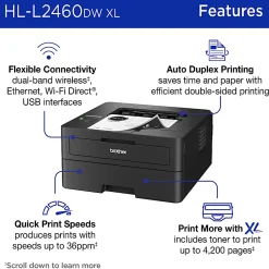 Brother HL-L2460DW XL Wireless Compact Monochrome Laser Printer with Duplex, Mobile Printing and up to 4,200 Toner Pages Included