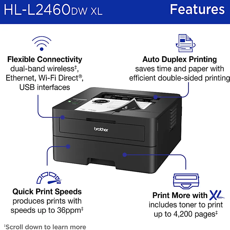 Brother HL-L2460DW XL Wireless Compact Monochrome Laser Printer with Duplex, Mobile Printing and up to 4,200 Toner Pages Included