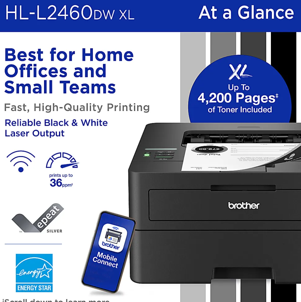 Brother HL-L2460DW XL Wireless Compact Monochrome Laser Printer with Duplex, Mobile Printing and up to 4,200 Toner Pages Included