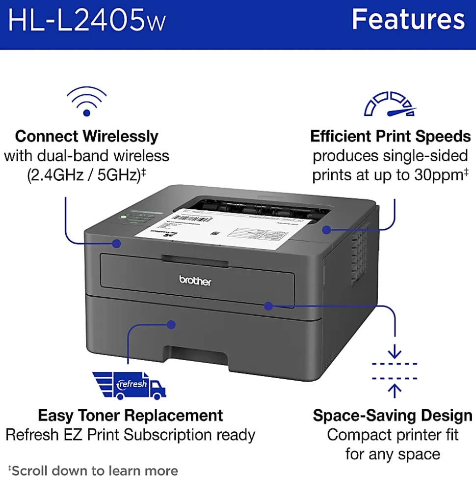 Brother HL-L2405W Wireless Compact Monochrome Laser Printer, Mobile Printing, Refresh EZ Print Eligibility