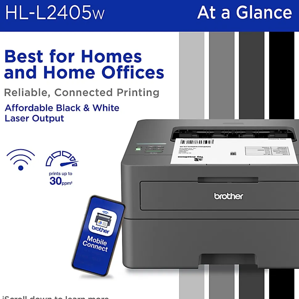 Brother HL-L2405W Wireless Compact Monochrome Laser Printer, Mobile Printing, Refresh EZ Print Eligibility