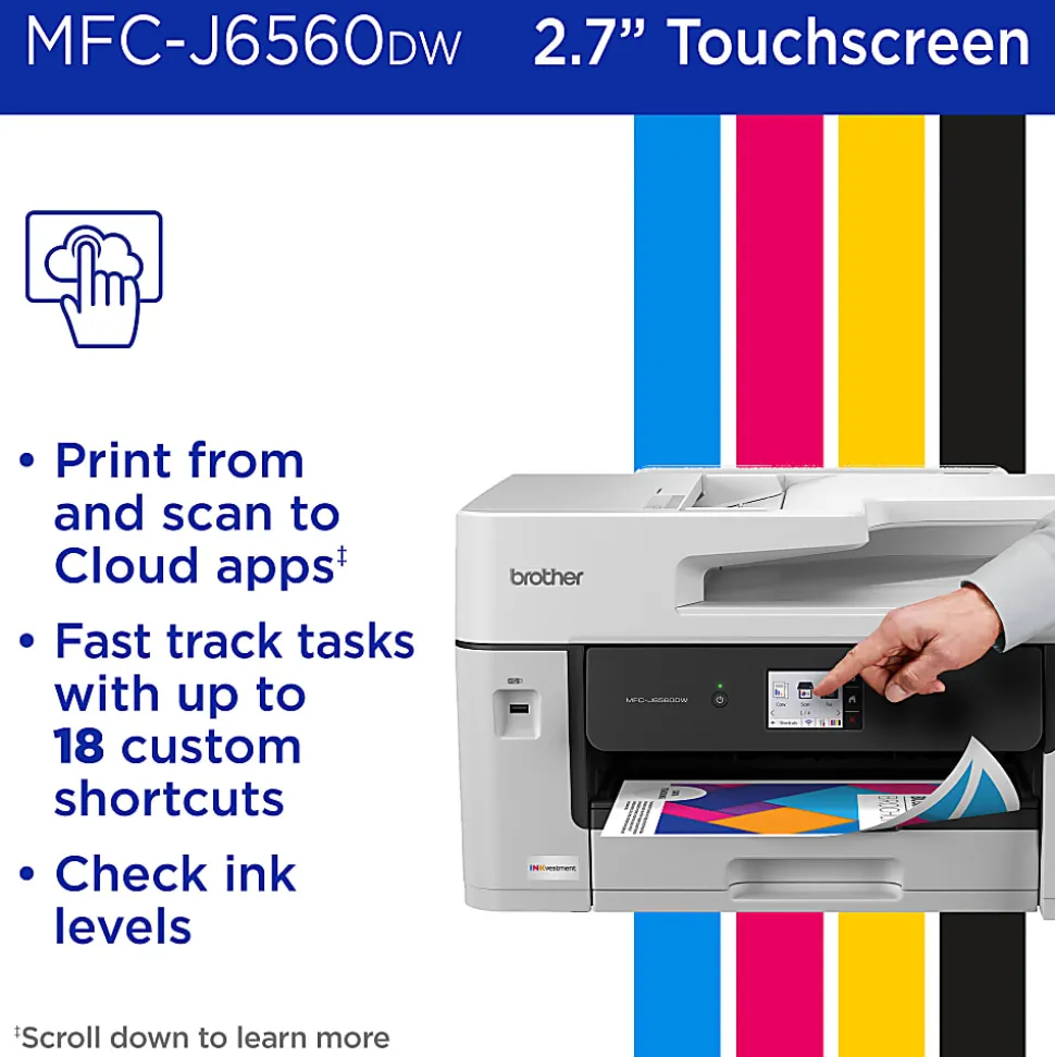 Brother INKvestment MCF-J6560DW Wireless Color Inkjet All-in-One Printer, 11”x17” capabilities, 2.7” Color Touchscreen