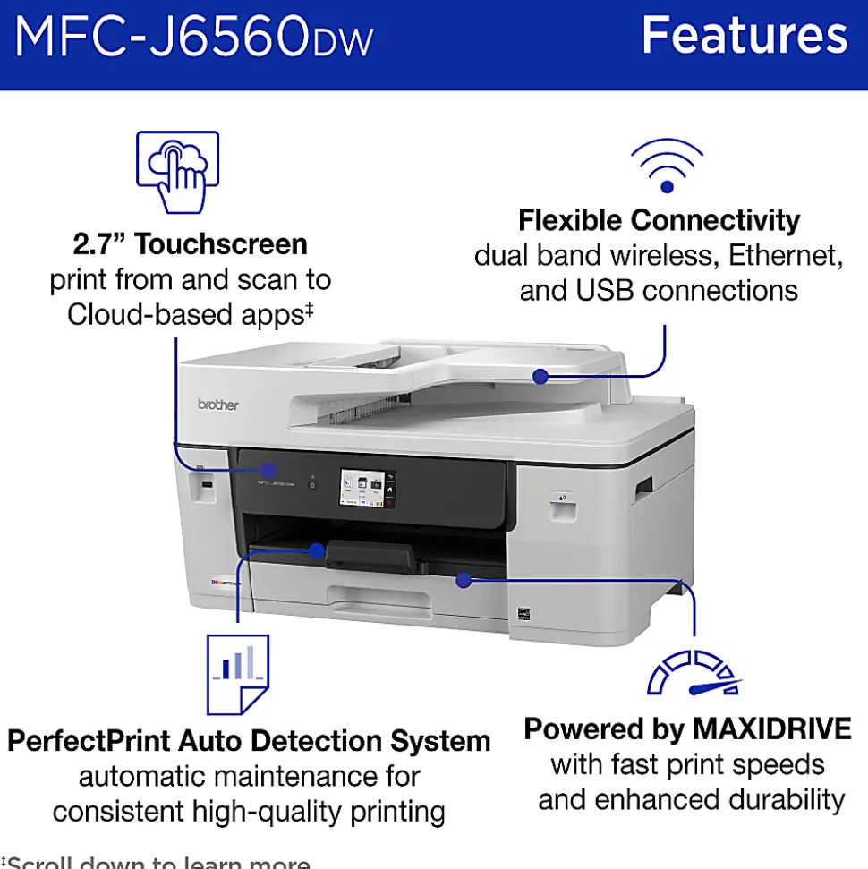 Brother INKvestment MCF-J6560DW Wireless Color Inkjet All-in-One Printer, 11”x17” capabilities, 2.7” Color Touchscreen