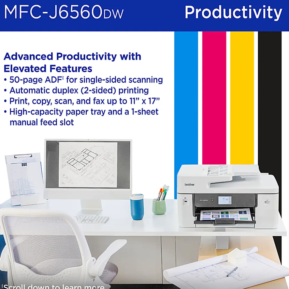 Brother INKvestment MCF-J6560DW Wireless Color Inkjet All-in-One Printer, 11”x17” capabilities, 2.7” Color Touchscreen