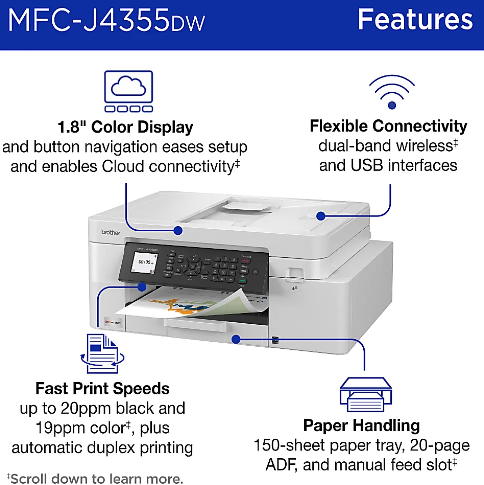 Brother INKvestment MFC-J4355DW Wireless Color Inkjet Printer, All-In-One Print/Scan/Copy/Fax, Best for home/small office