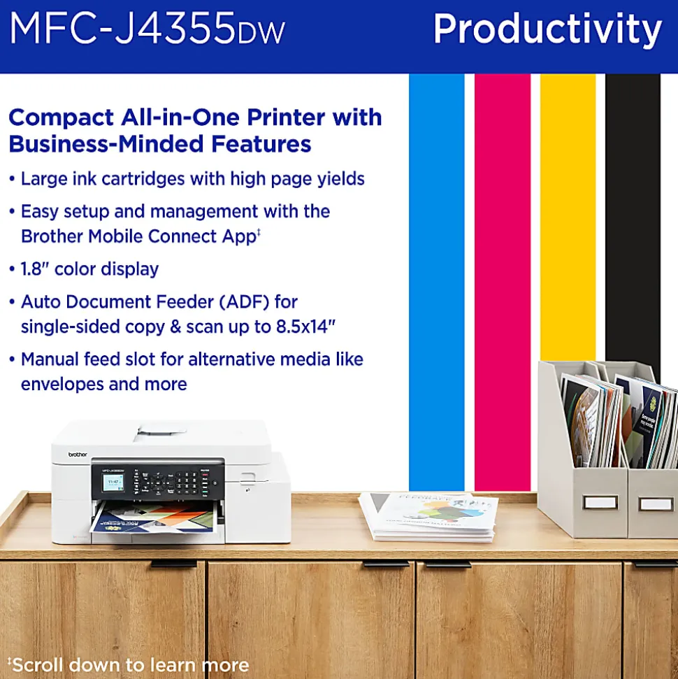 Brother INKvestment MFC-J4355DW Wireless Color Inkjet Printer, All-In-One Print/Scan/Copy/Fax, Best for home/small office