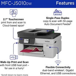 Brother INKvestment MFC-J5010DW Wireless Color Inkjet All-in-One Printer, Automatic 2-sided Copy & Scan, 2.7” Color Touchscreen