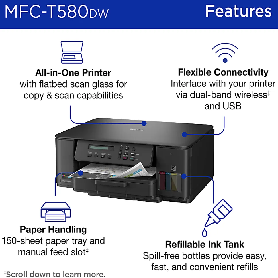 Brother INKvestment Tank MFC-T580DW Wireless Color Inkjet, All-In-One Print/Scan/Copy, up to 3 Years of Ink In-Box(1), Best for home/home office
