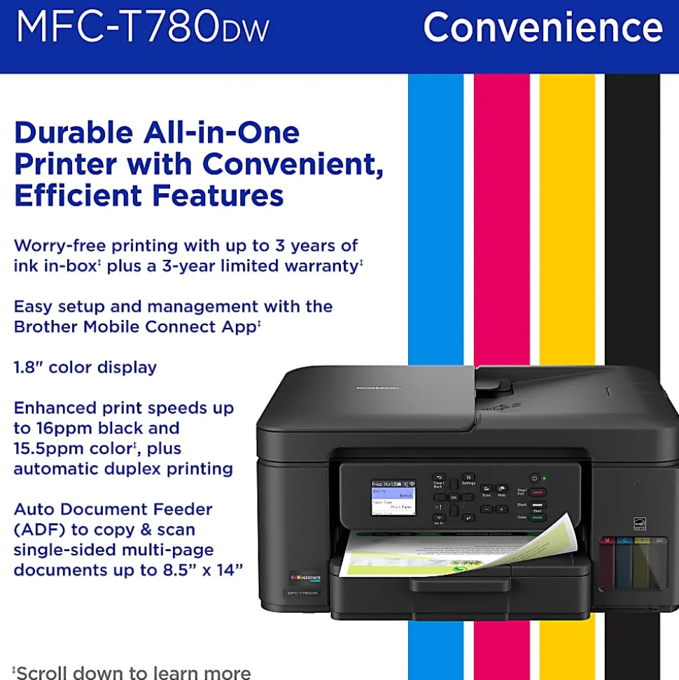 Brother INKvestment Tank MFC-T780DW Wireless Color Inkjet Printer, All-in-One Print/Scan/Copy, 3 Years of Ink In-Box(1), Best for home/small office
