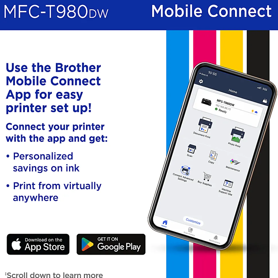 Brother INKvestment Tank MFC-T980DW Wireless Color Inkjet Printer, All-in-One Print/Scan/Copy, 3 Years Ink In-Box(1), Best for small office/business