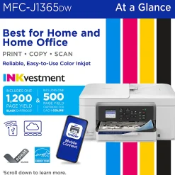 Brother INKvestment 1365 Wireless Color Inkjet Printer, All-In-One Print/Scan/Copym Best for home/home office