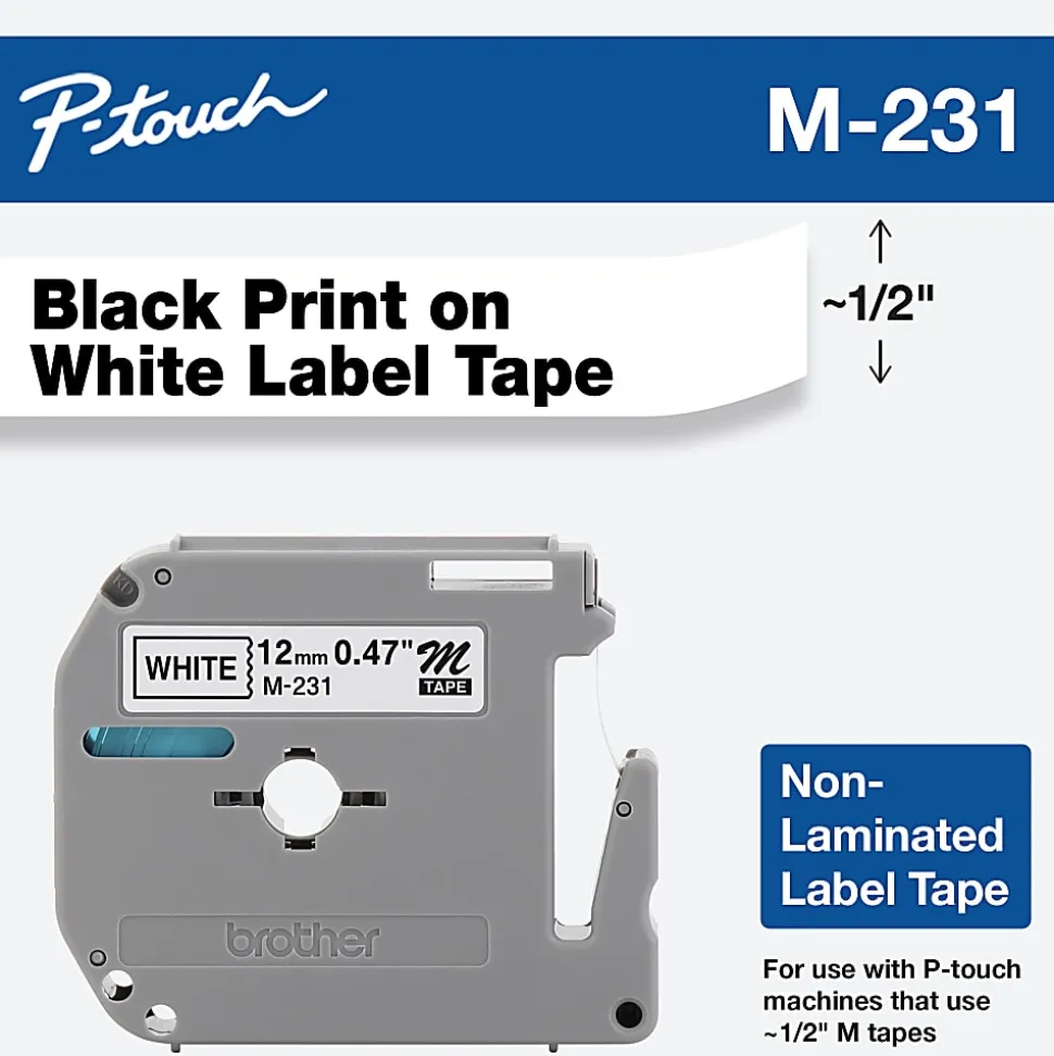 Brother M-231 Black-On-White Tape, 0.47" x 26.2'