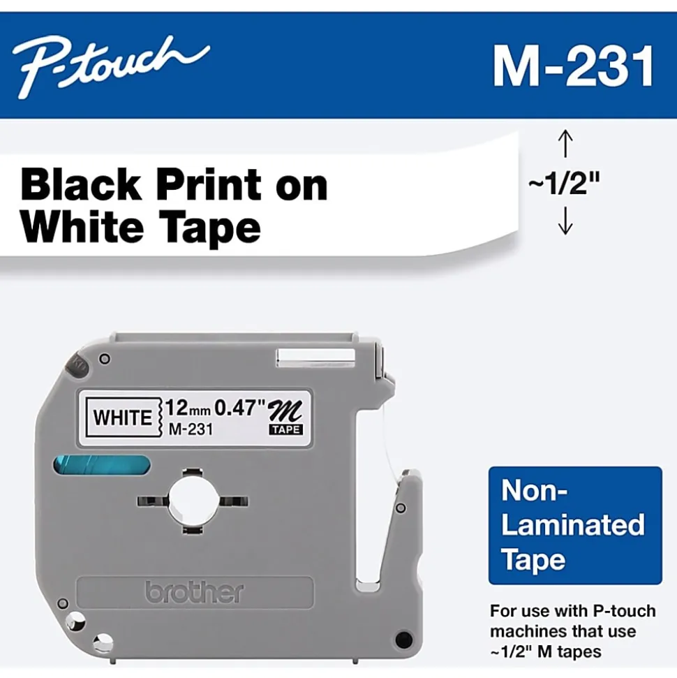 Brother M-231 Black-On-White Tape, 0.47" x 26.2'