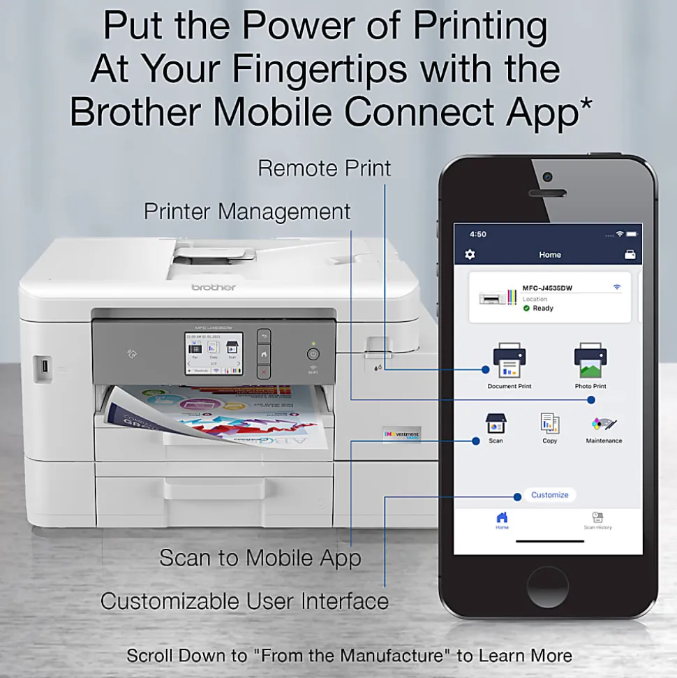 Brother MFC-J4535DW INKvestment All-in-One Color Inkjet Printer with NFC, Duplex and Wireless Printing plus Up to 1-Year of Ink in-box¹
