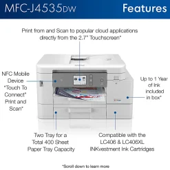 Brother MFC-J4535DW INKvestment All-in-One Color Inkjet Printer with NFC, Duplex and Wireless Printing plus Up to 1-Year of Ink in-box¹