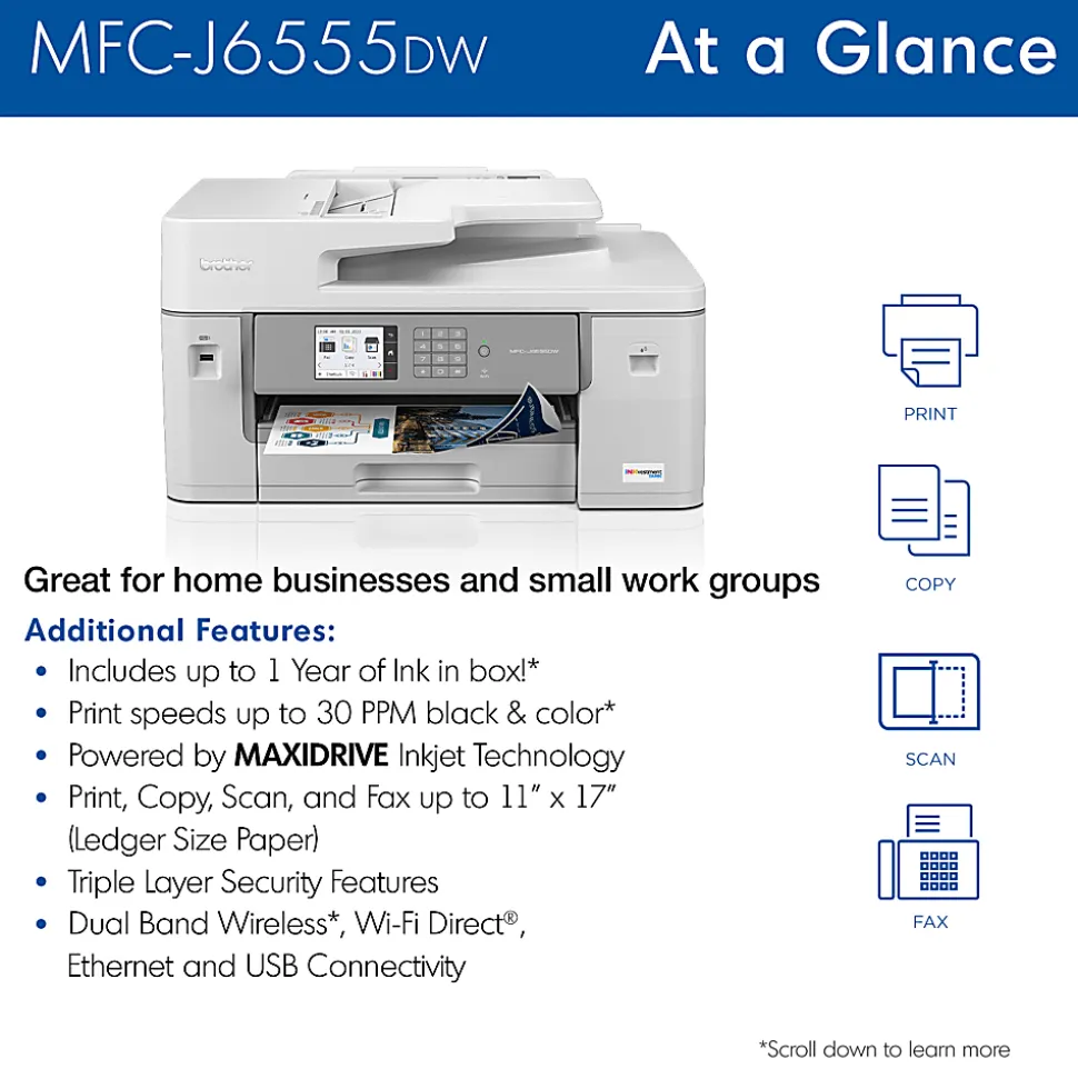 Brother MFC-J6555DW INKvestment Color Inkjet All-In-One Printer with up to 1 Year of Ink In-box(1)