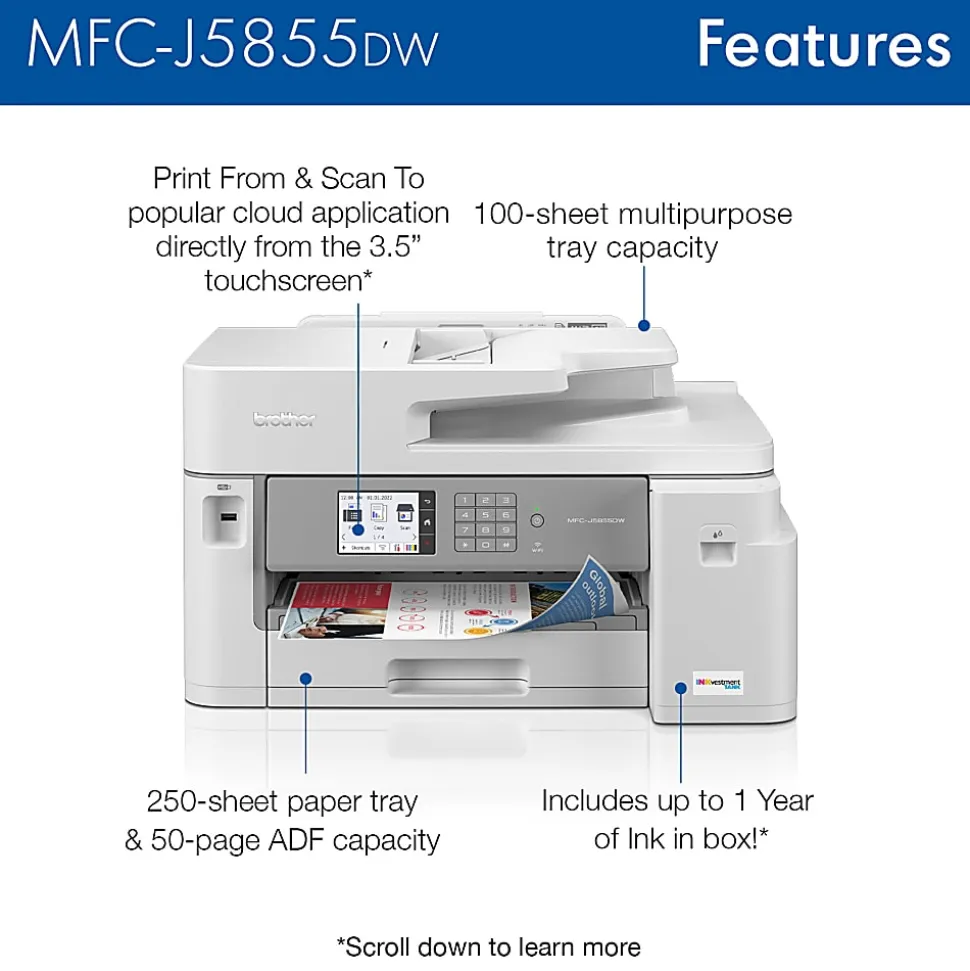Brother MFC-J5855DW INKvestment Color Inkjet All-In-One Printer with Up To 1 Year Of Ink In-Box(1)