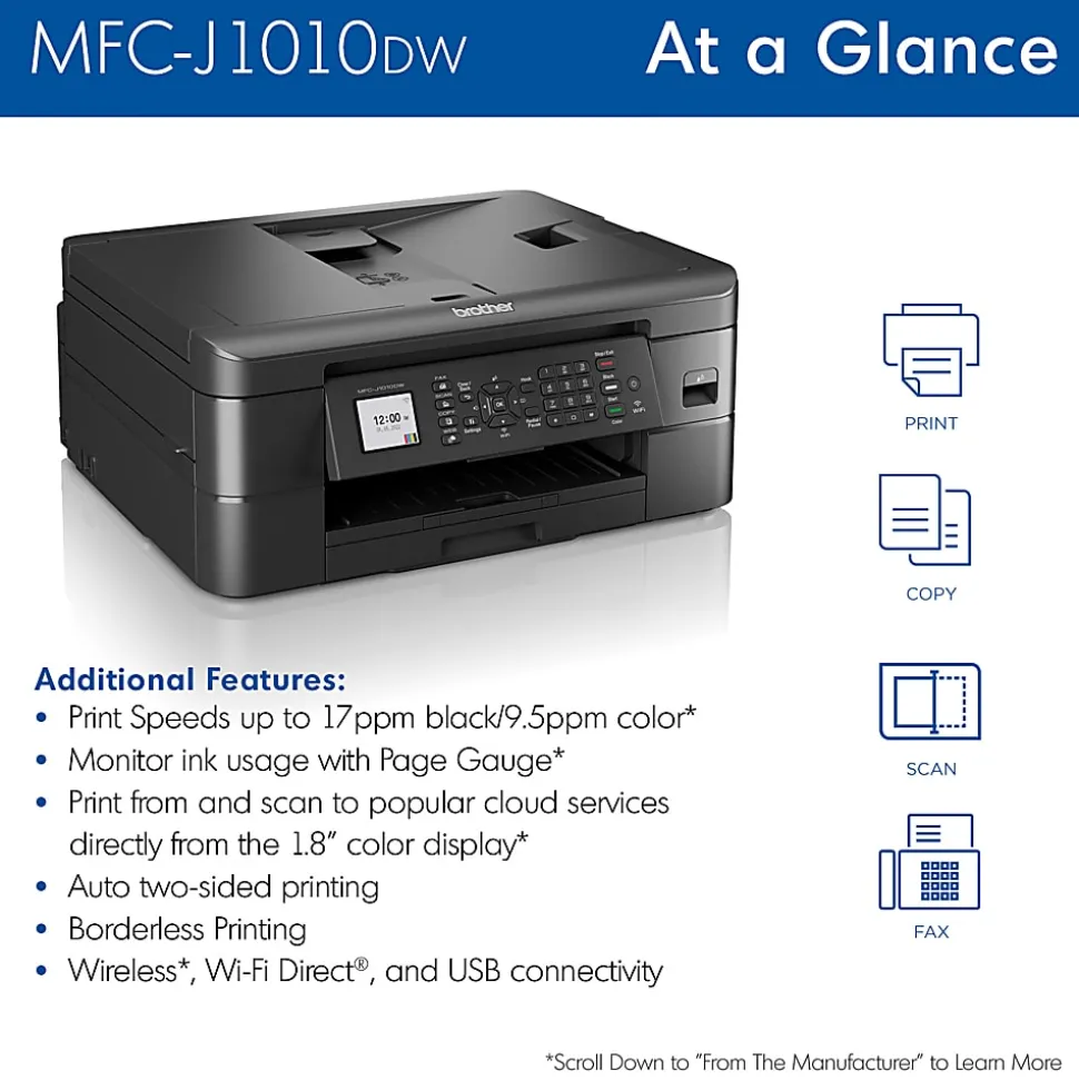Brother MFC-J1010DW Wireless Inkjet All-in-One Color Printer With Refresh EZ Print Eligibility