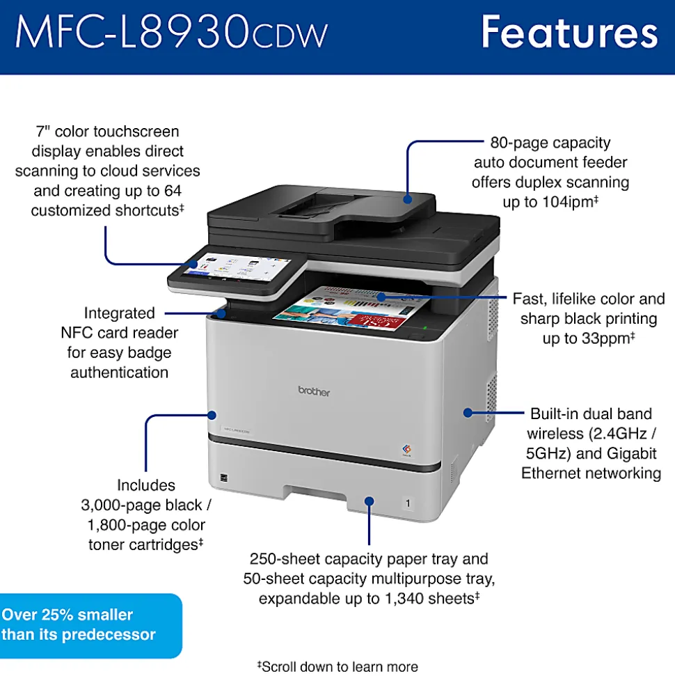 Brother MFC-L8930CDW Wireless Business Color Laser All-in-One Printer with Duplex Print, Scan, Copy, Low-Cost Printing, Advanced Security Features