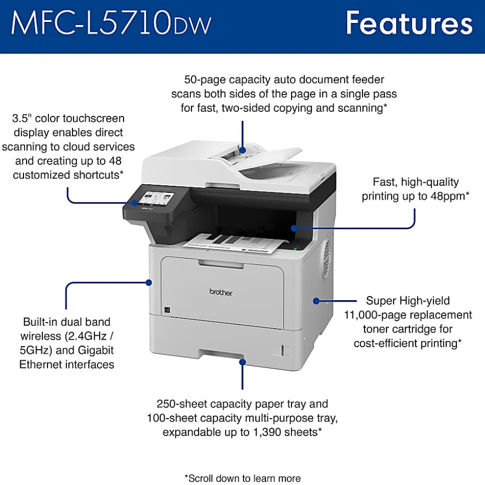 Brother MFC-L5710DW Wireless Business Monochrome All-in-One Laser Printer with Networking and Duplex Print, Scan, and Copy